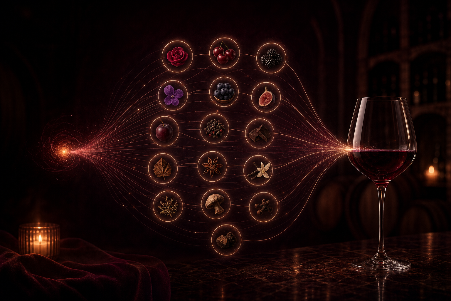 Fourteen wine flavor notes converging into one matched glass of wine