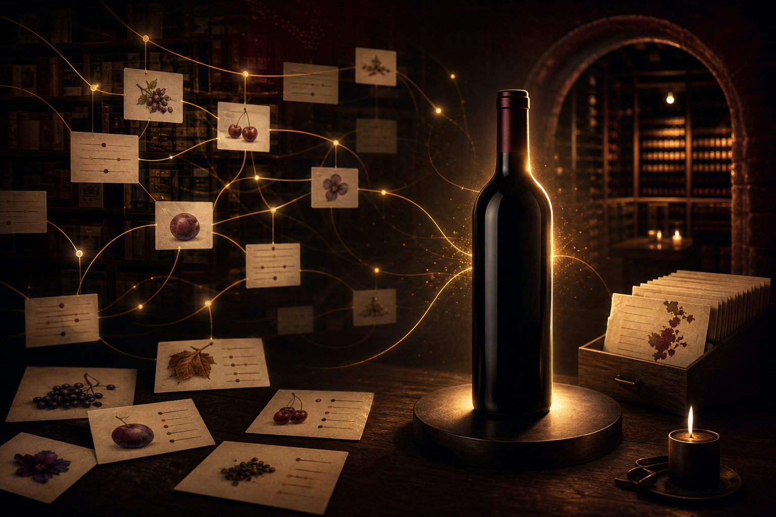 A wine bottle selected from a connected archive of tasting notes