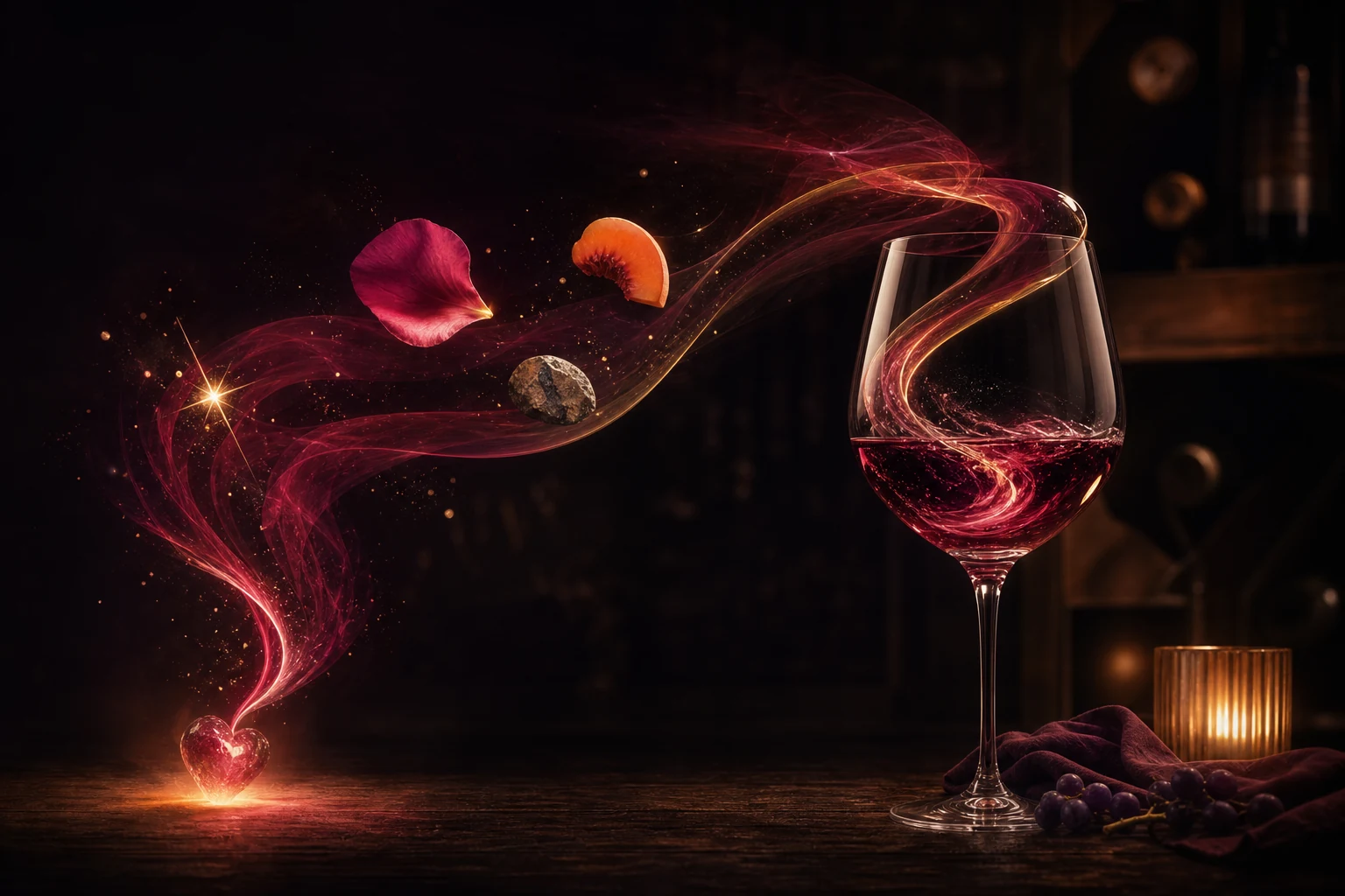 A glass of red wine by candlelight