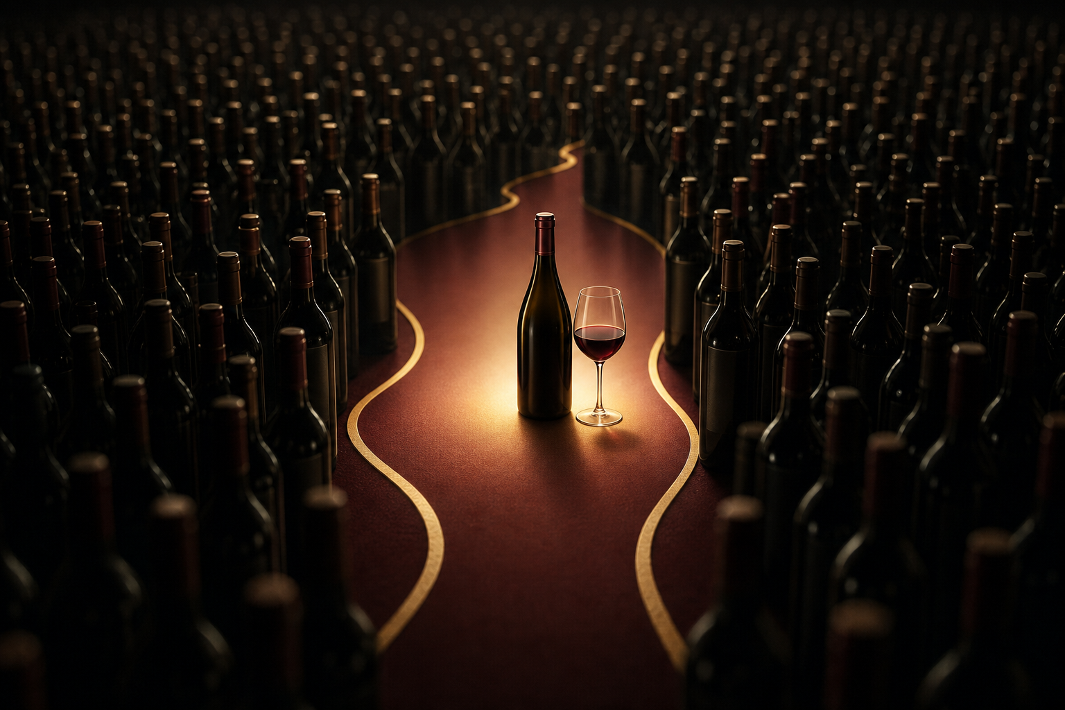 A single perfect wine glass emerging from the chaos of choice