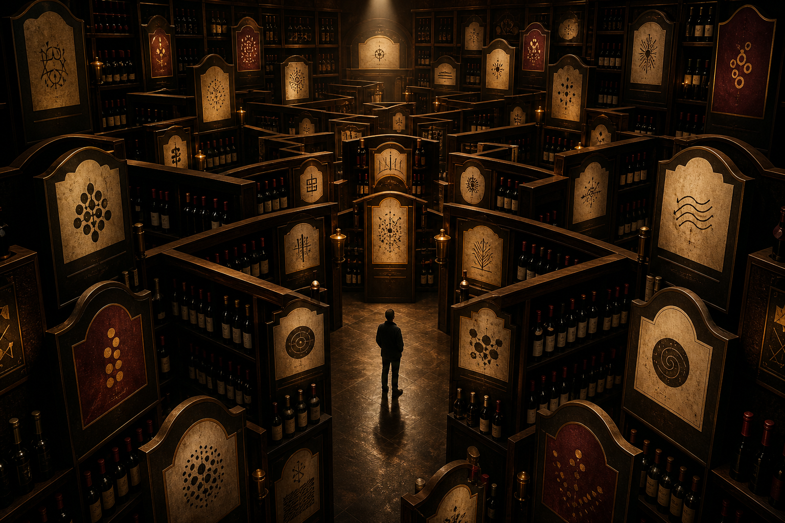 A shopper lost in a maze of wine shelves and abstract label symbols